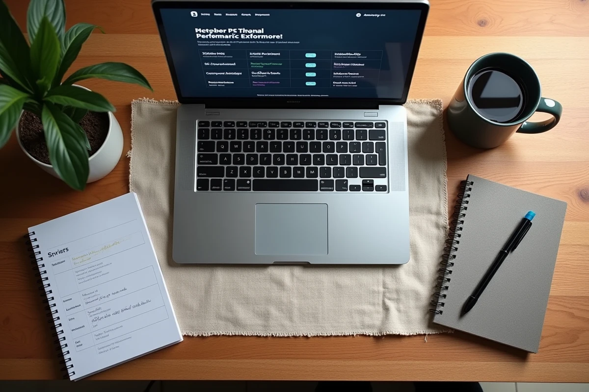 Vue aérienne d'un bureau avec un laptop affichant un comparatif d'outils de test PCS, carnet de notes annoté et tasse de café