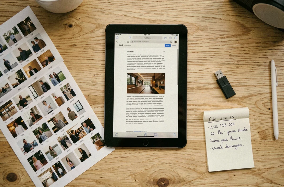 Vue de dessus d'un bureau avec une tablette affichant un PDF illustré et des accessoires de gestion de fichiers photo