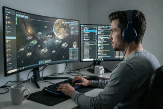 Fleet commander Eve Online devant un écran ultrawide 21/9 et un moniteur 1080p standard dans un setup gaming professionnel