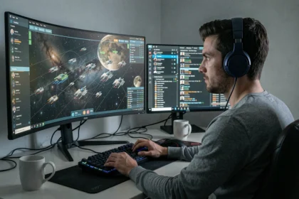 Fleet commander Eve Online devant un écran ultrawide 21/9 et un moniteur 1080p standard dans un setup gaming professionnel