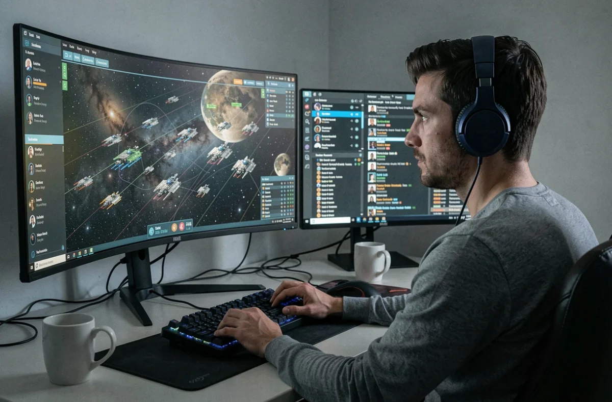 Fleet commander Eve Online devant un écran ultrawide 21/9 et un moniteur 1080p standard dans un setup gaming professionnel