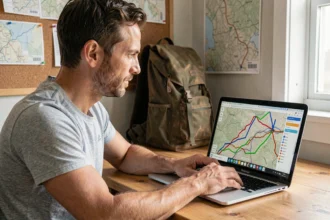 Randonneur consultant une carte GPS avec plusieurs traces fusionnées sur ordinateur portable