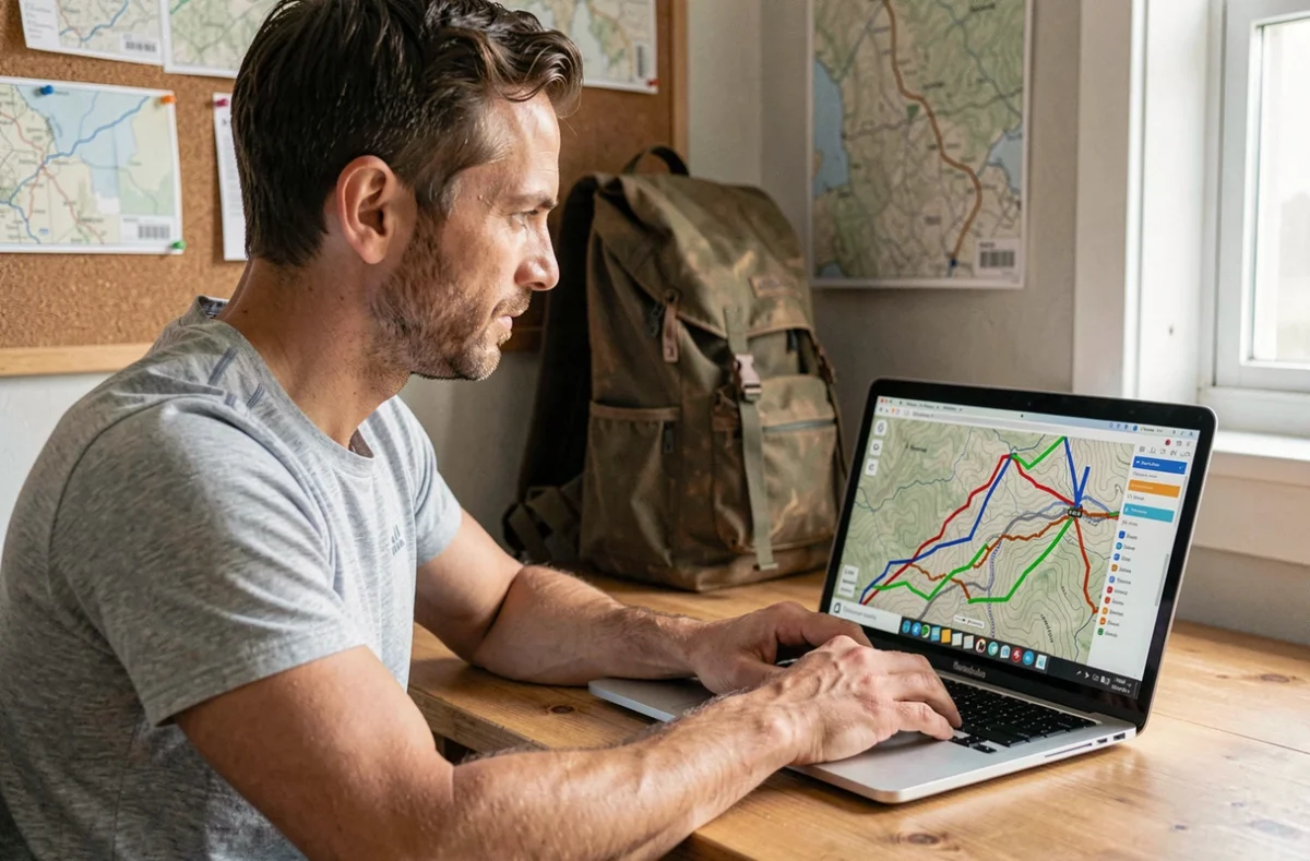 Randonneur consultant une carte GPS avec plusieurs traces fusionnées sur ordinateur portable