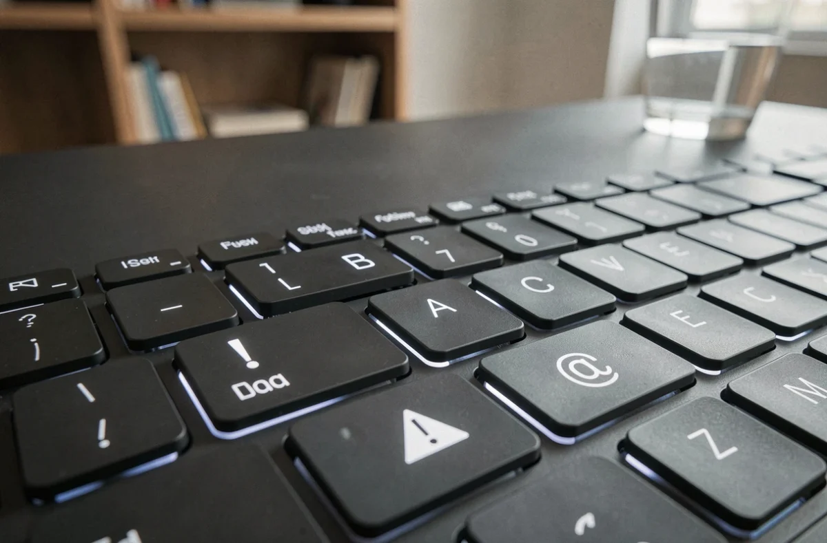 Gros plan sur les touches spéciales et symboles d'avertissement d'un clavier rétroéclairé