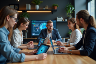 Groupe de professionnels autour d'une table avec interfaces IA
