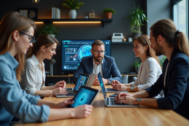 Groupe de professionnels autour d'une table avec interfaces IA