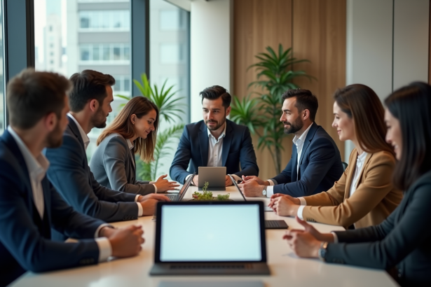 Groupe de professionnels autour d une tablette avec assistant IA