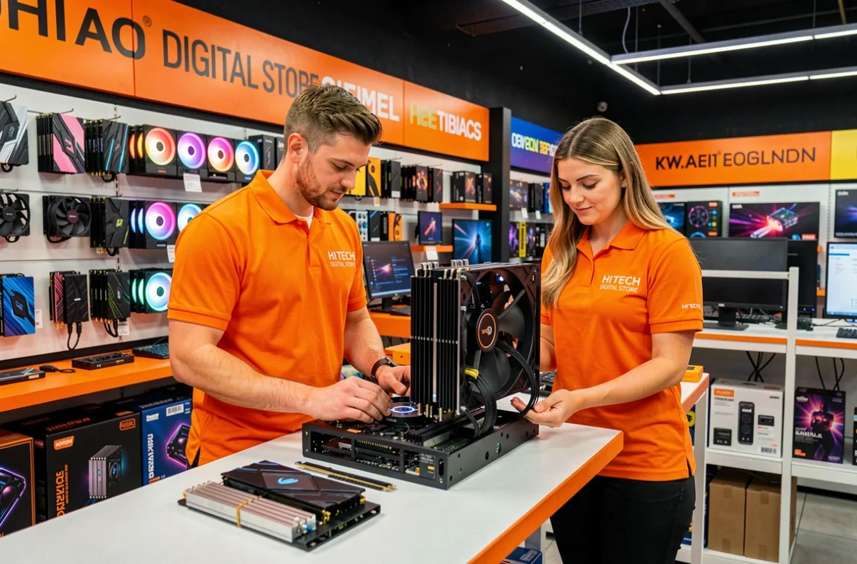 Duo de techniciens Hi Tech Digital Store assemblant un PC gaming dans leur boutique