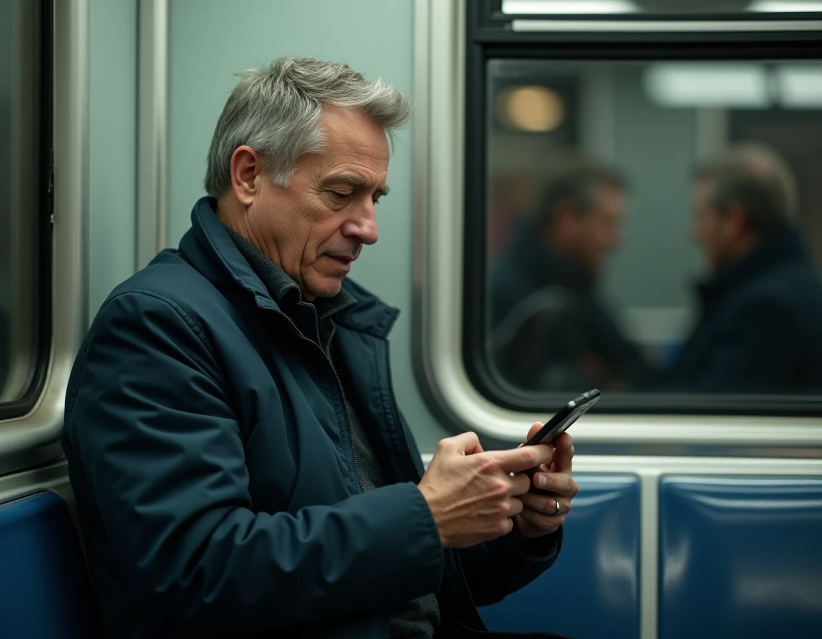 Homme consultant son historique de recherche sur smartphone dans les transports en commun