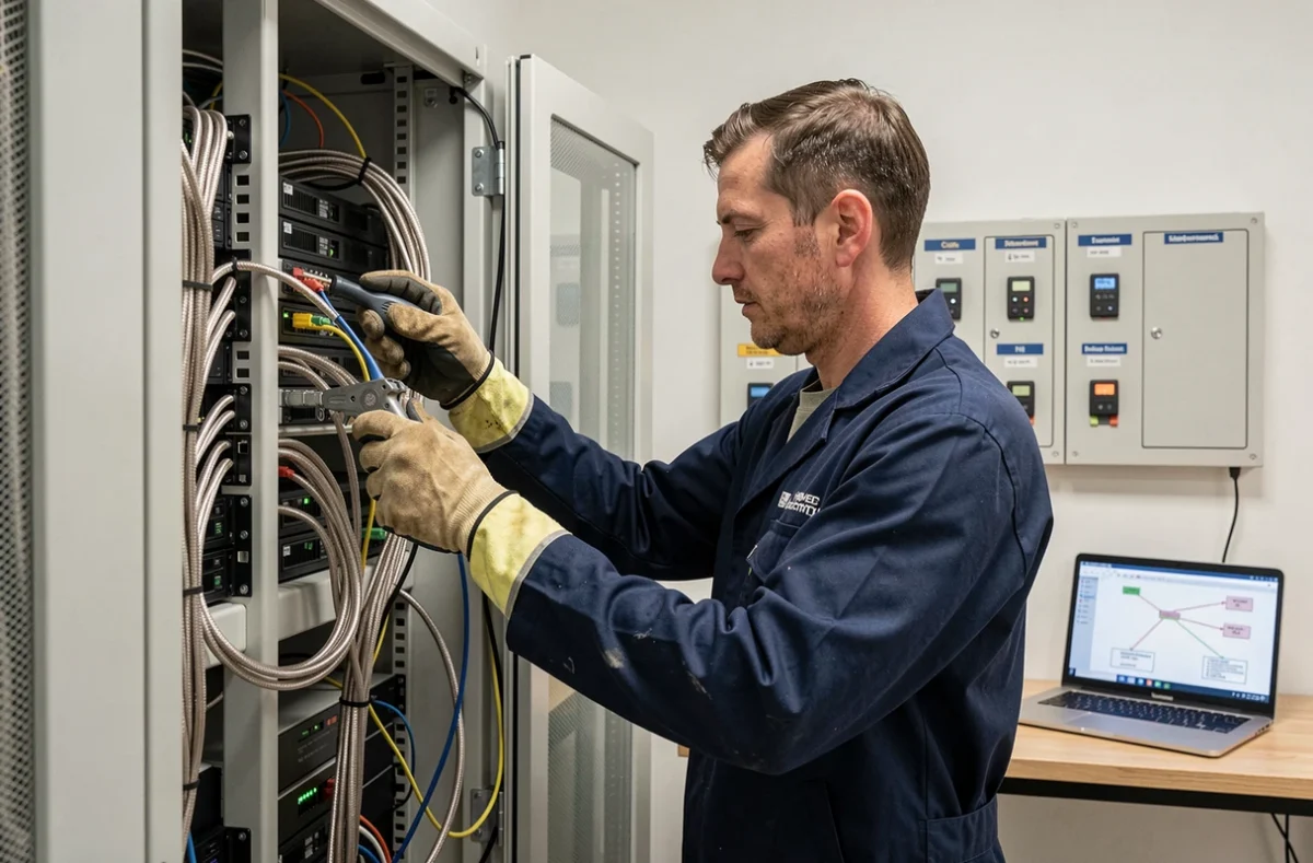 Technicien de Home Electricity installant des câbles réseau dans un rack serveur résidentiel