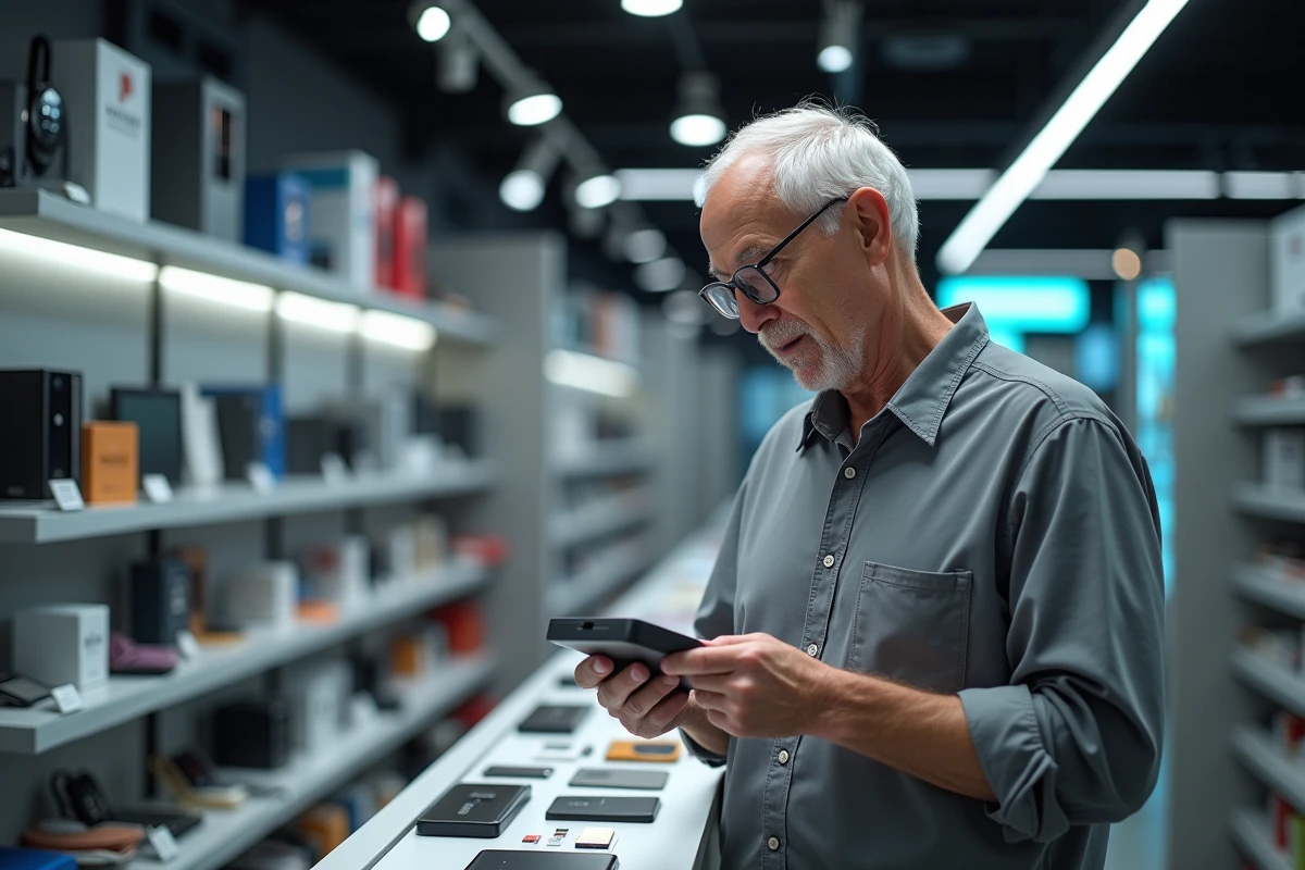 Homme examine clés USB et cartes mémoire en magasin