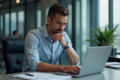 Homme d'affaires en bureau moderne avec ordinateur
