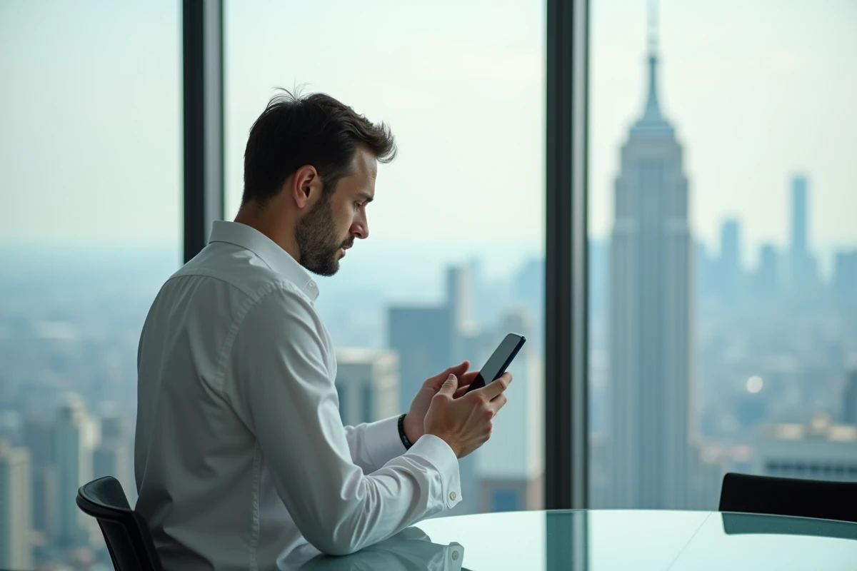 Homme d'affaires tenant un smartphone professionnel devant une fenêtre avec vue sur la ville