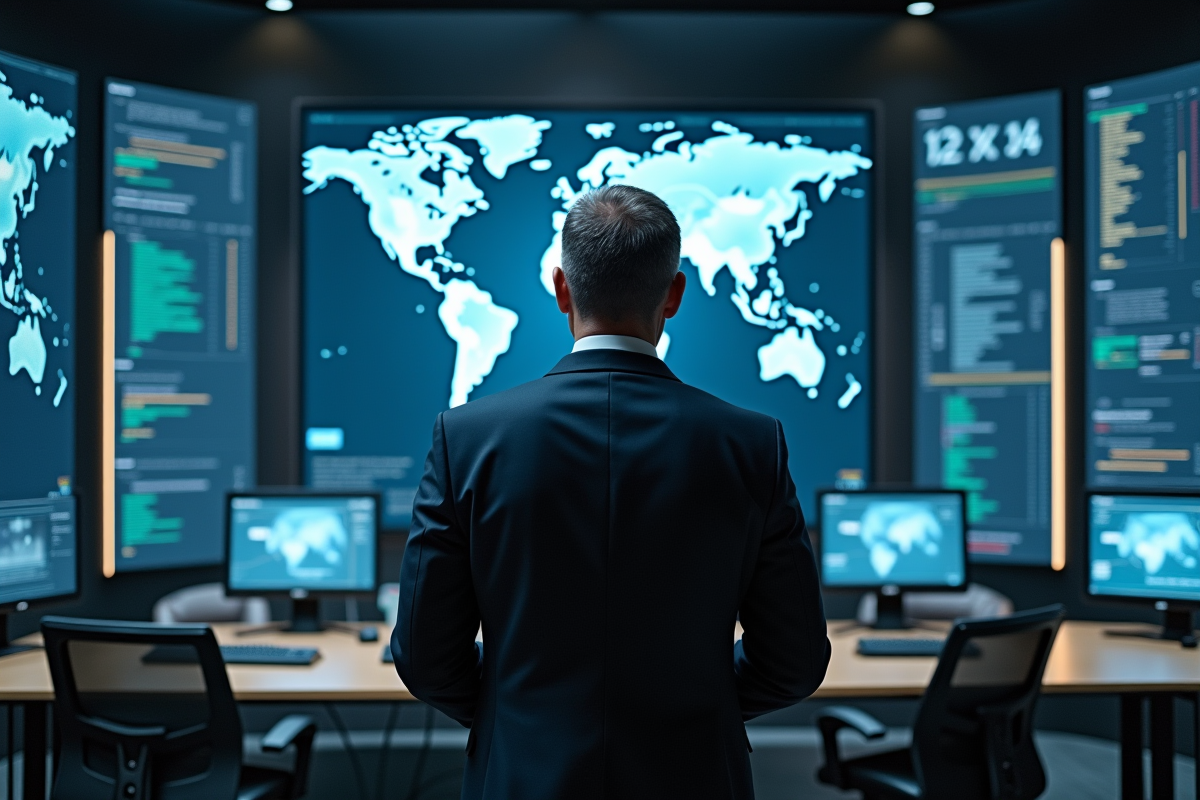 Homme européen en costume analysant des écrans de données high-tech