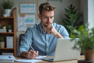 Homme en analyse d'un ordinateur portable dans un bureau organisé