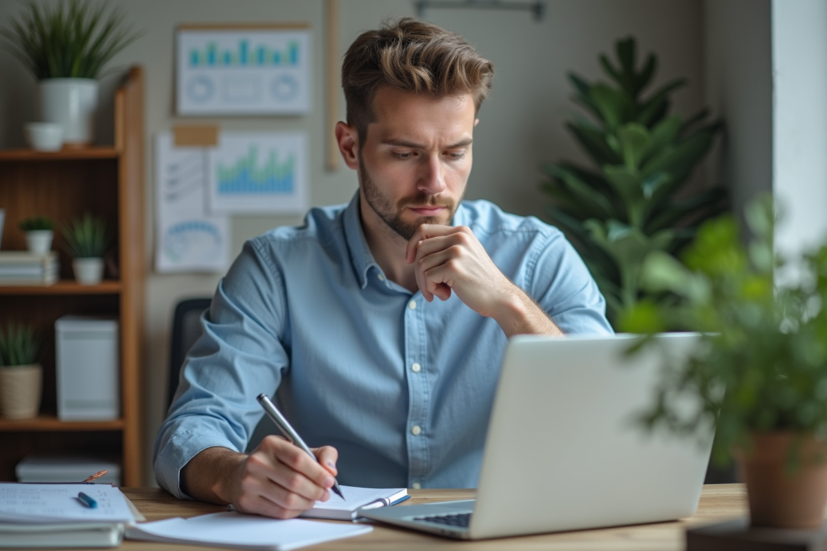 Homme en analyse d'un ordinateur portable dans un bureau organisé