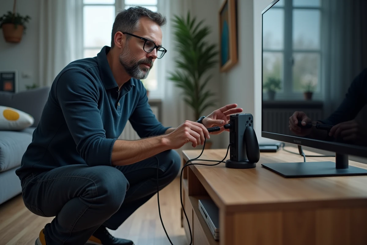 Homme branchant le câble USB-C dans le dock d'une Nintendo Switch pour tenter de la redémarrer