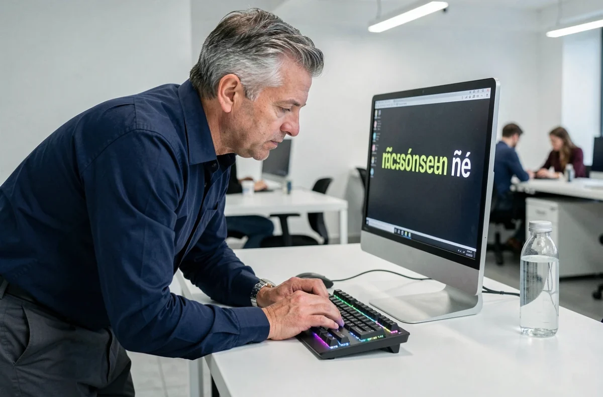 Homme utilisant un clavier mécanique pour saisir des caractères accentués espagnols sur un écran d'ordinateur de bureau