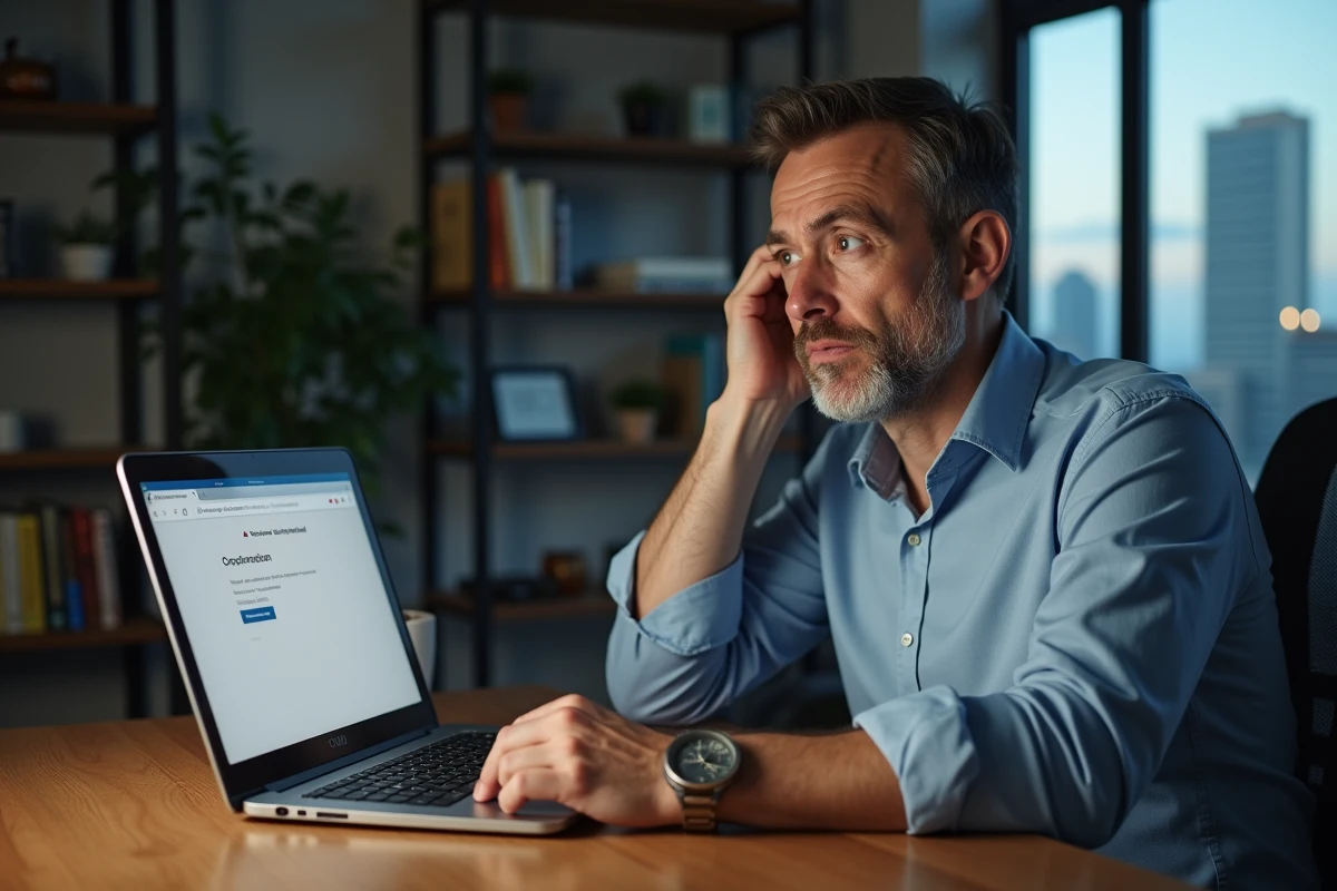Homme d'âge moyen face à un ordinateur avec erreur de connexion