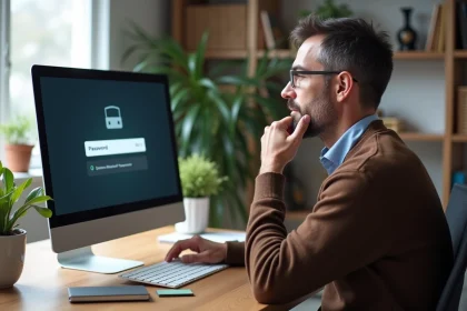 Homme d'âge moyen au bureau face à un message d'erreur WiFi