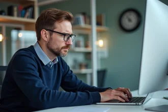Homme d'âge moyen travaillant sur son ordinateur au bureau