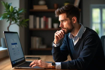 Jeune homme au bureau regardant son ordinateur portable