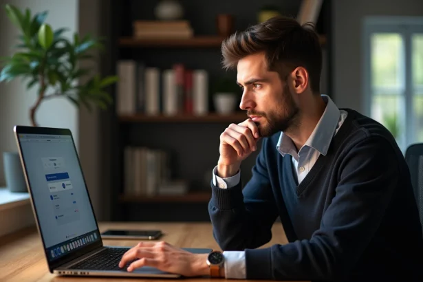 Jeune homme au bureau regardant son ordinateur portable
