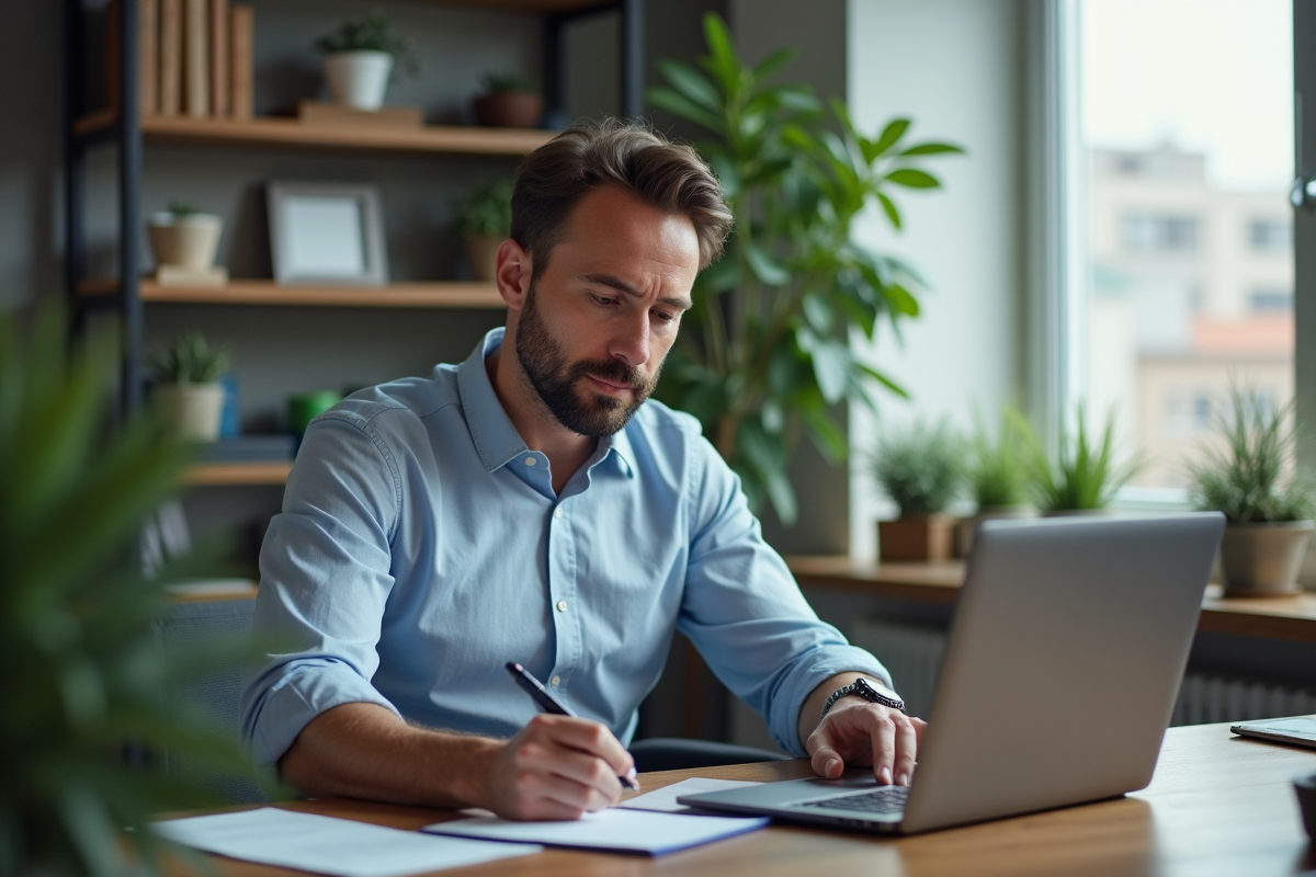 Homme en home office recherche sur son ordinateur portable