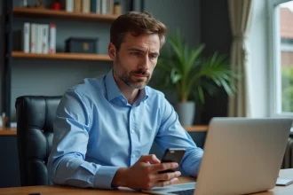 Homme d'âge moyen travaillant sur un ordinateur dans un bureau moderne