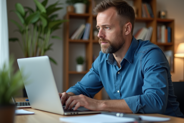 Homme d'âge moyen travaillant sur un ordinateur dans un bureau moderne