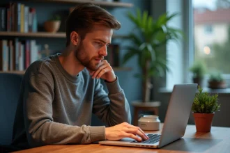Homme concentré travaillant sur son ordinateur avec un routeur visible