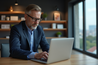 Homme en costume tapant un mot de passe sur un ordinateur moderne