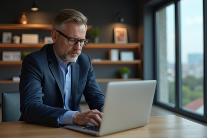 Homme en costume tapant un mot de passe sur un ordinateur moderne