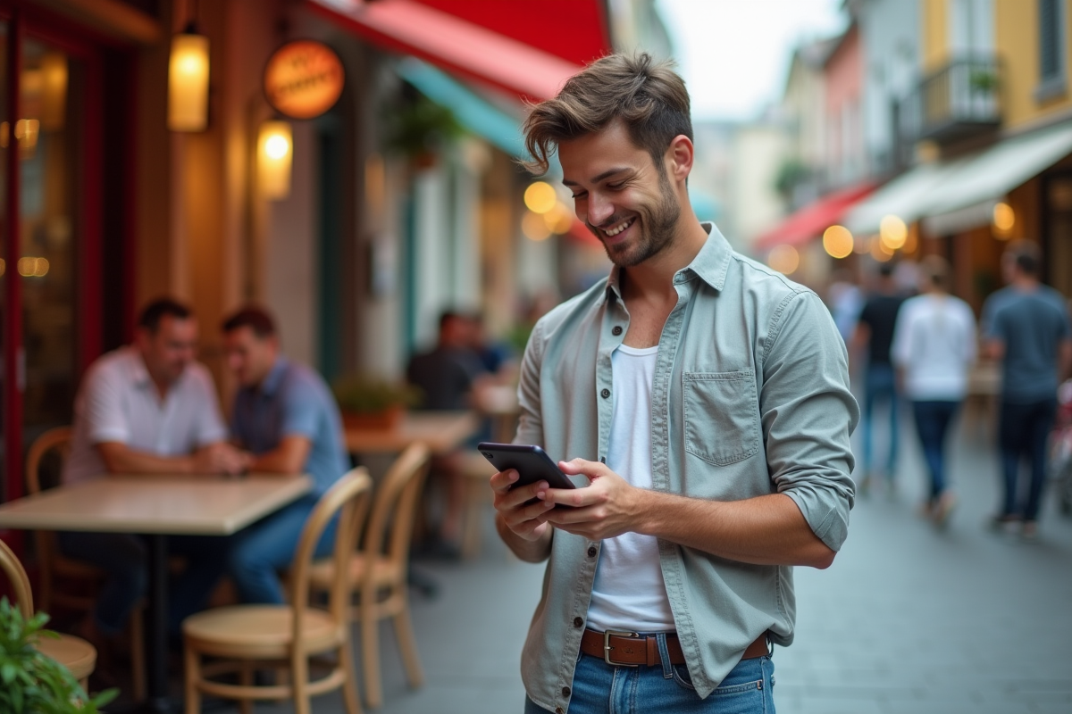 Homme souriant utilisant un smartphone devant un café urbain