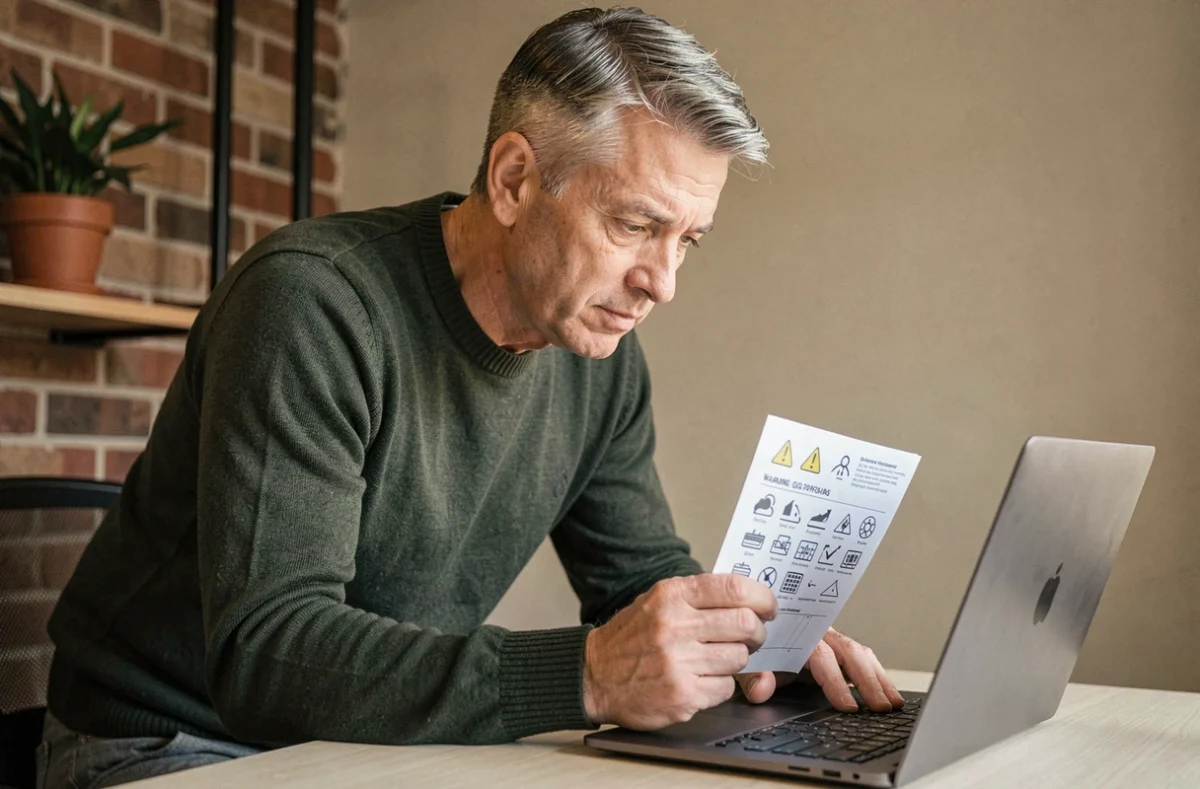 Homme consultant une carte de référence des symboles clavier au bureau debout
