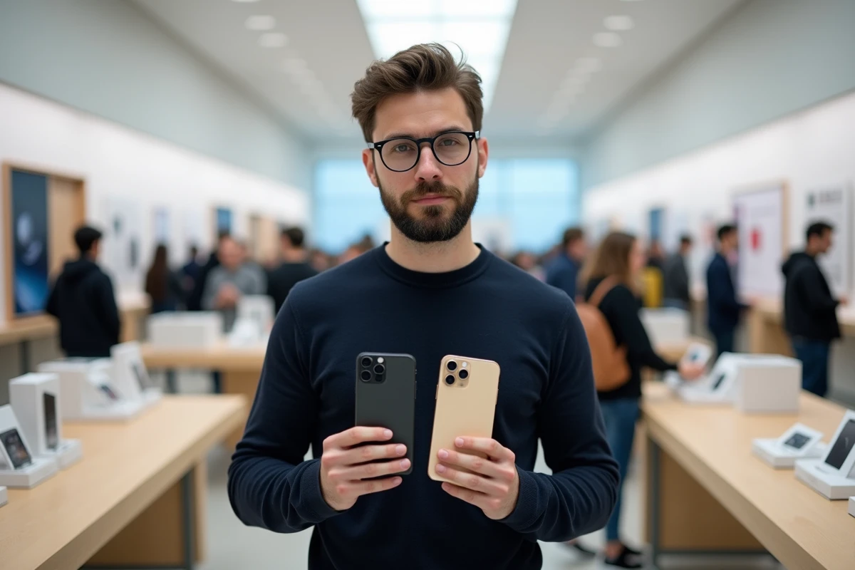 Homme comparant deux modèles d'iPhone 14 Pro côte à côte dans une boutique d'électronique