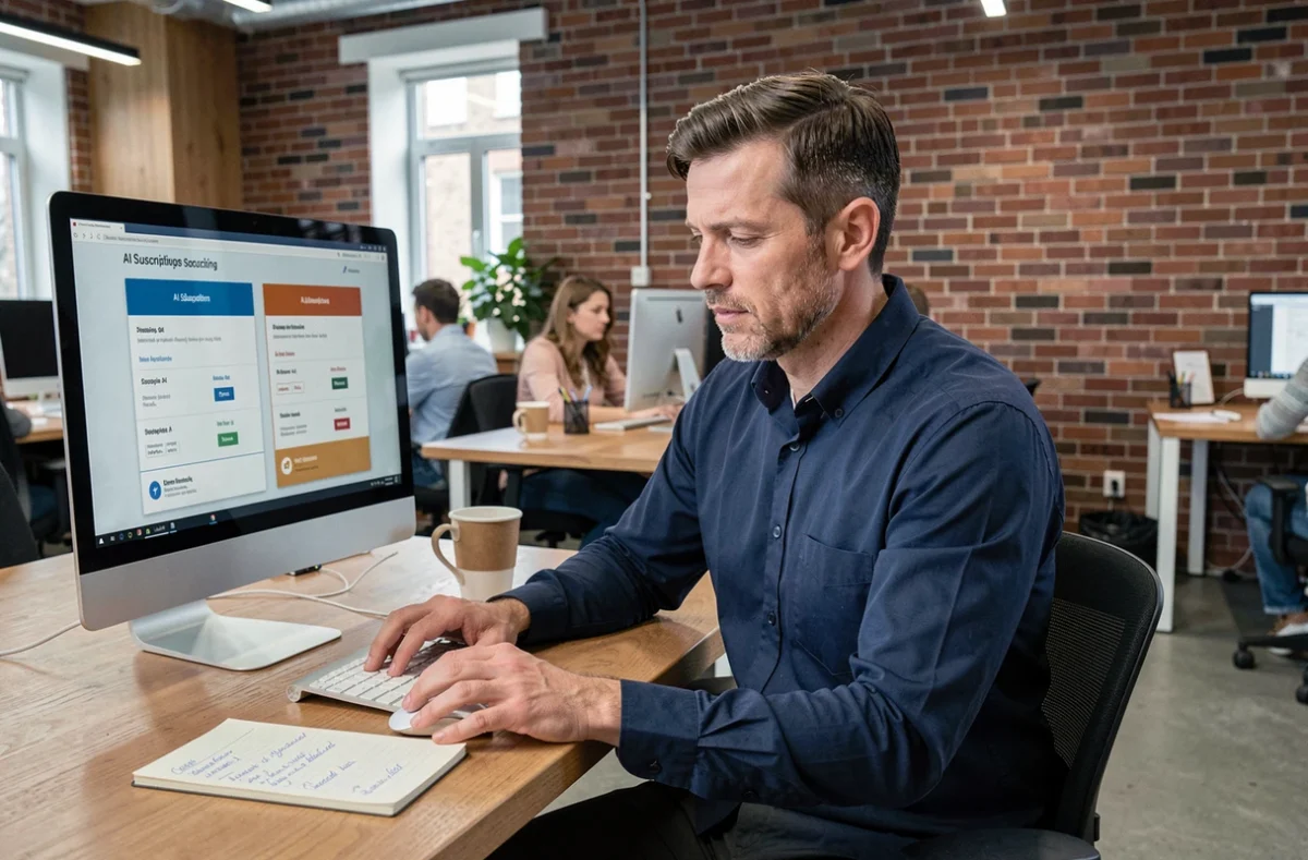 Homme en espace de coworking analysant les différents paliers tarifaires de ChatGPT 5 sur un écran d'ordinateur