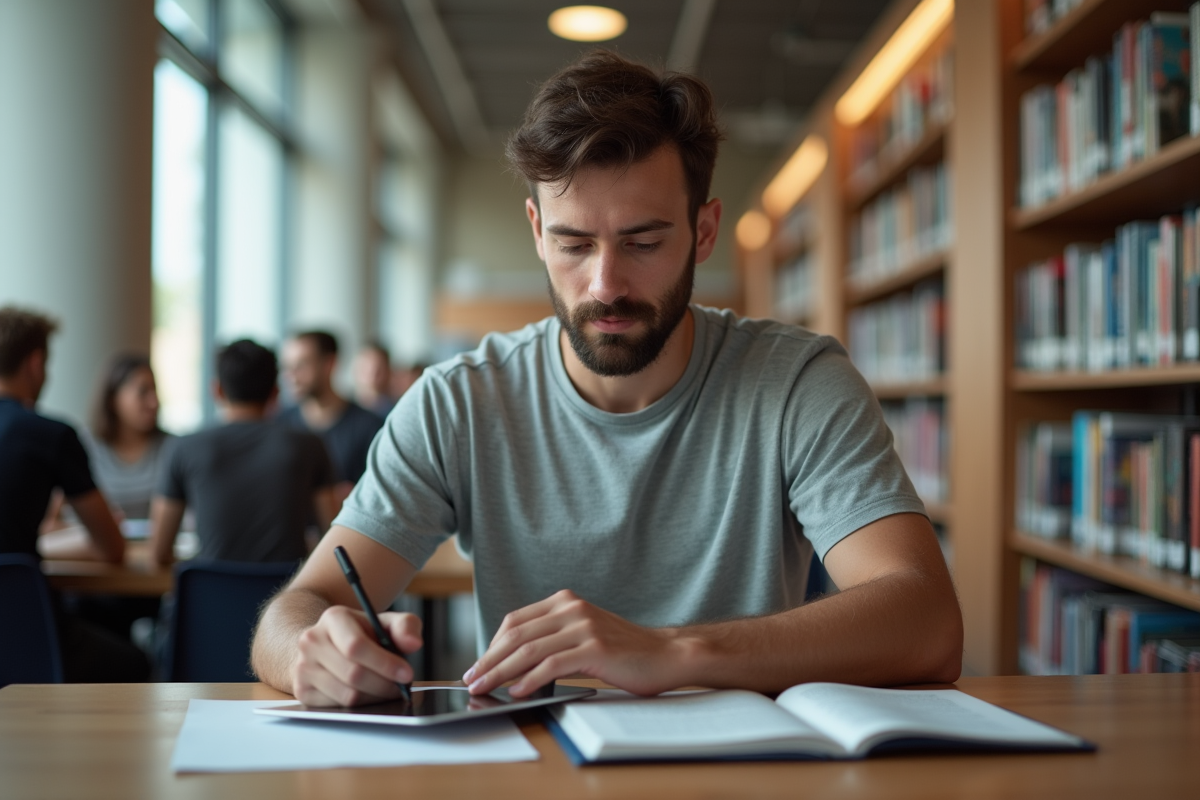 Jeune homme créant un flyer numérique avec une tablette