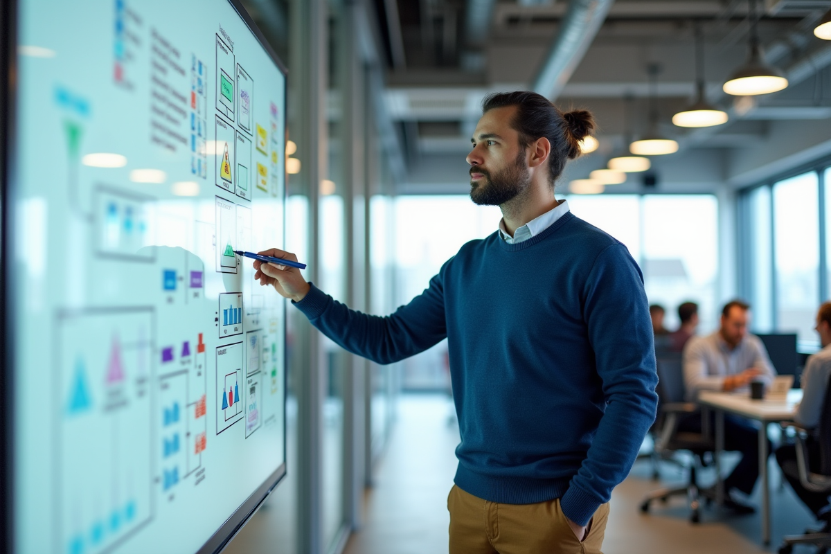 Homme dessinant un schema de base de donnees sur un whiteboard