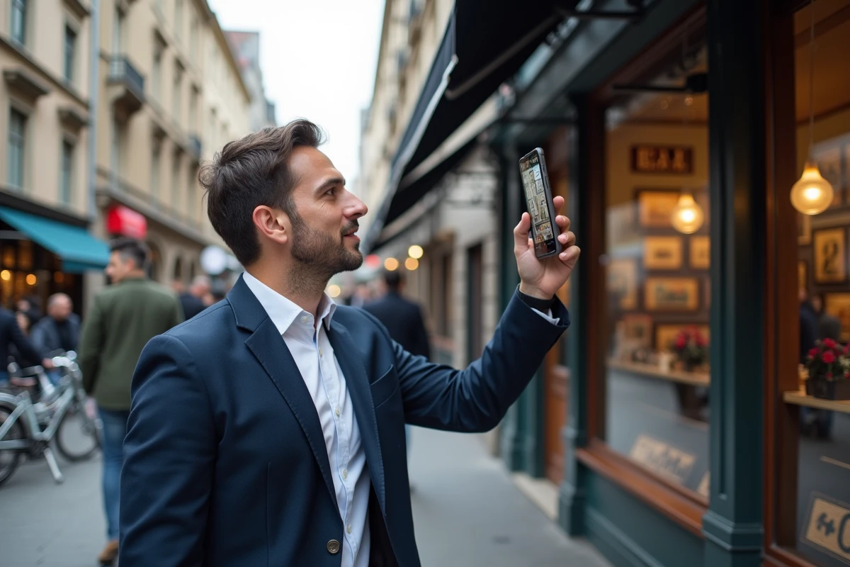 Homme utilisant Google Lens sur iPhone dans une rue urbaine pour scanner une enseigne de restaurant