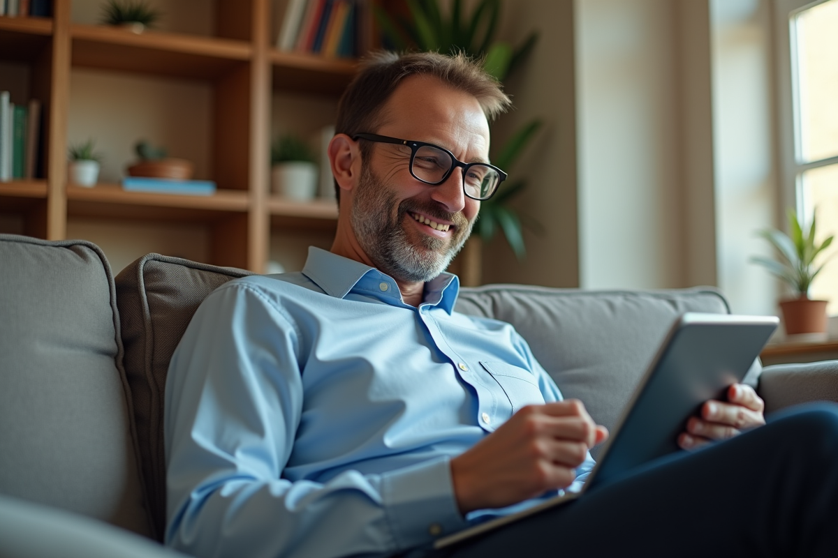 Homme d age moyen utilisant une tablette chez lui