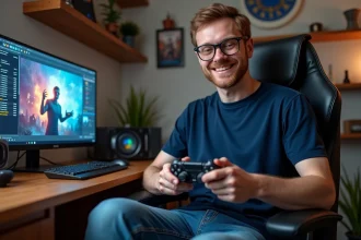 Homme de 30 ans jouant avec manette dans un bureau moderne