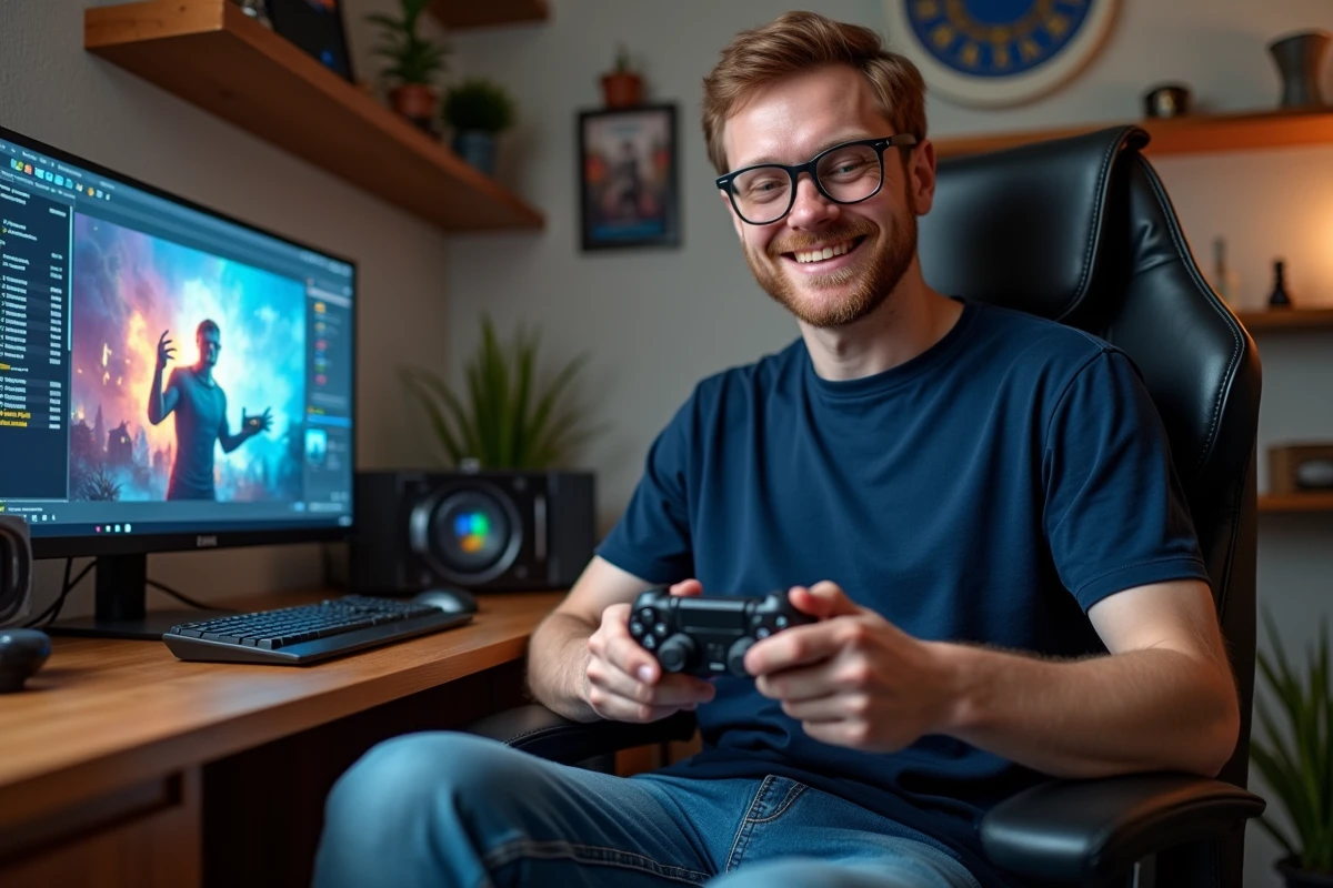 Homme de 30 ans jouant avec manette dans un bureau moderne