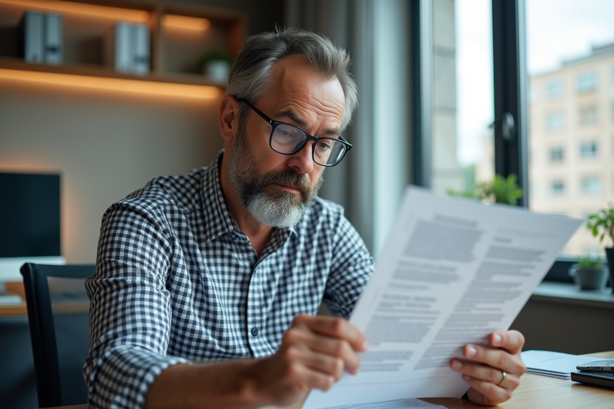 Homme avec barbe examinant une annonce dans un appartement moderne
