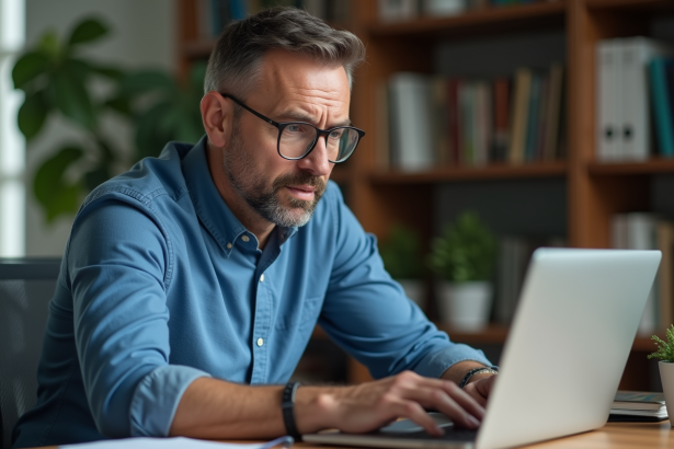 Homme d'âge moyen utilisant son ordinateur pour mettre à jour son antivirus