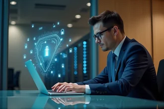 Homme d'âge moyen en costume bleu travaillant sur un ordinateur dans un bureau moderne