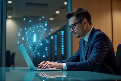 Homme d'âge moyen en costume bleu travaillant sur un ordinateur dans un bureau moderne