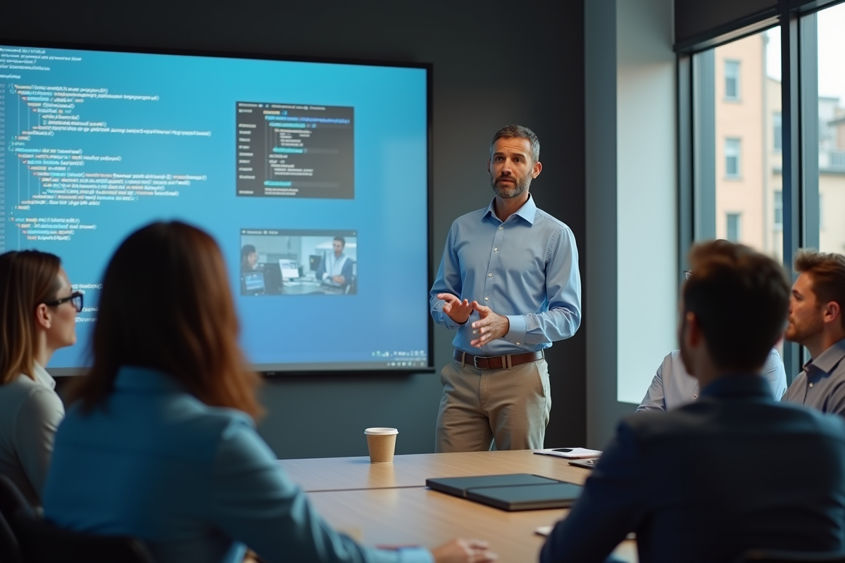 Homme en chemise présente des tendances PHP en réunion