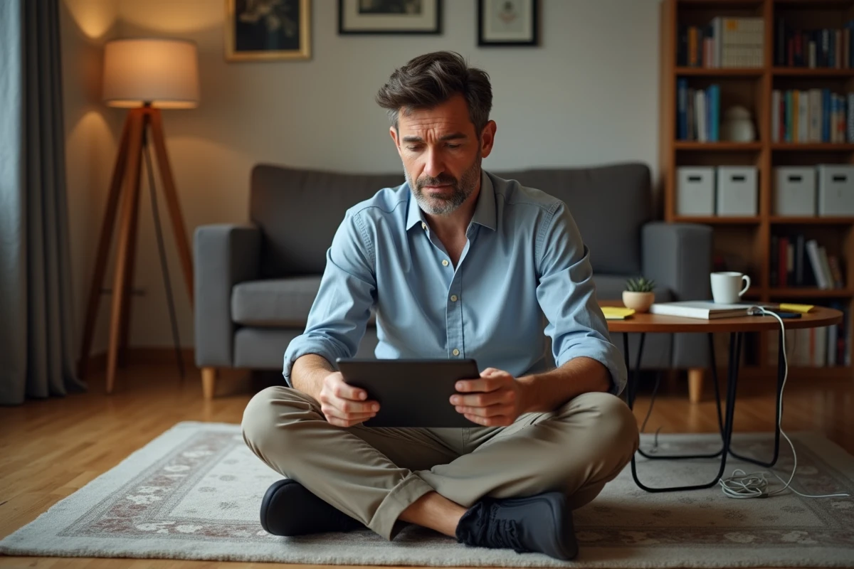 Homme perplexe regardant sa tablette à la maison
