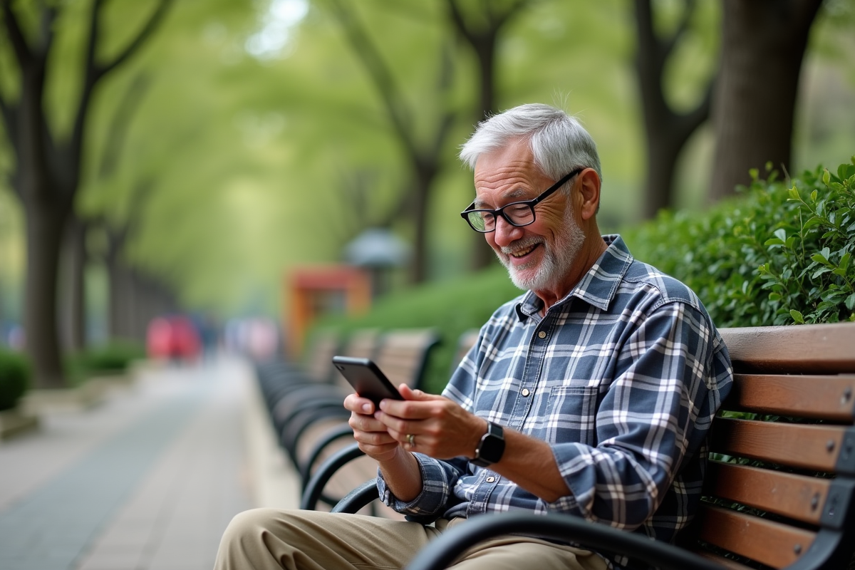 Homme âgé utilisant une application de grossissement dans un parc